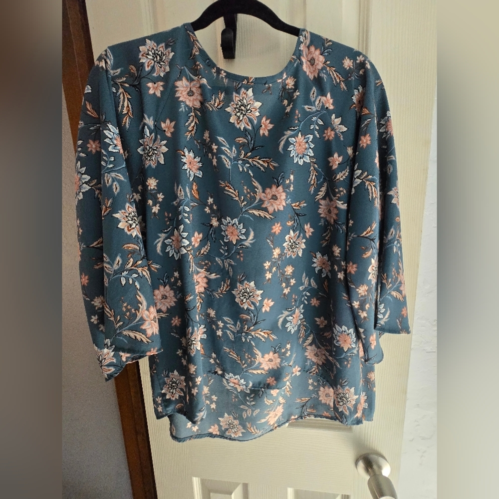 Women’s Teal Floral Blouse with Pink Bloom Print